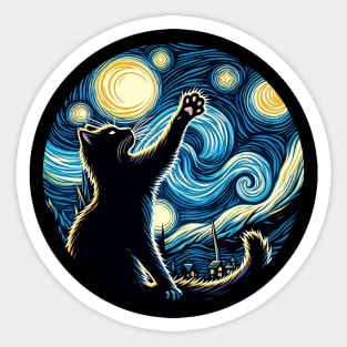 Cat in the night with star, impressionism, famous painting, Starry Night Style Van Gogh painting Cat Lover Sticker